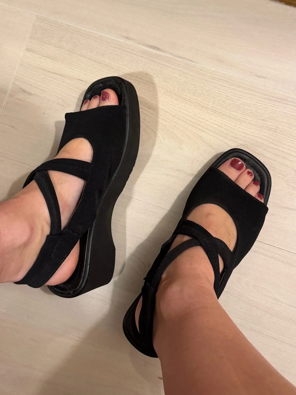 Women's Black Strappy Wedge Sandals